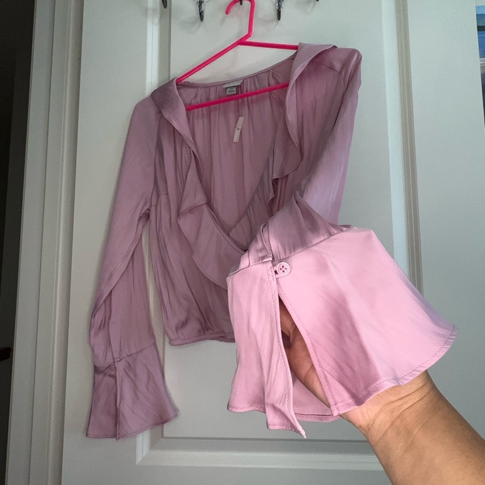NWT A New Day Dusty Rose Pink Wrap Top With Bell Sleeves and Ruffle XS - Picture 2 of 6